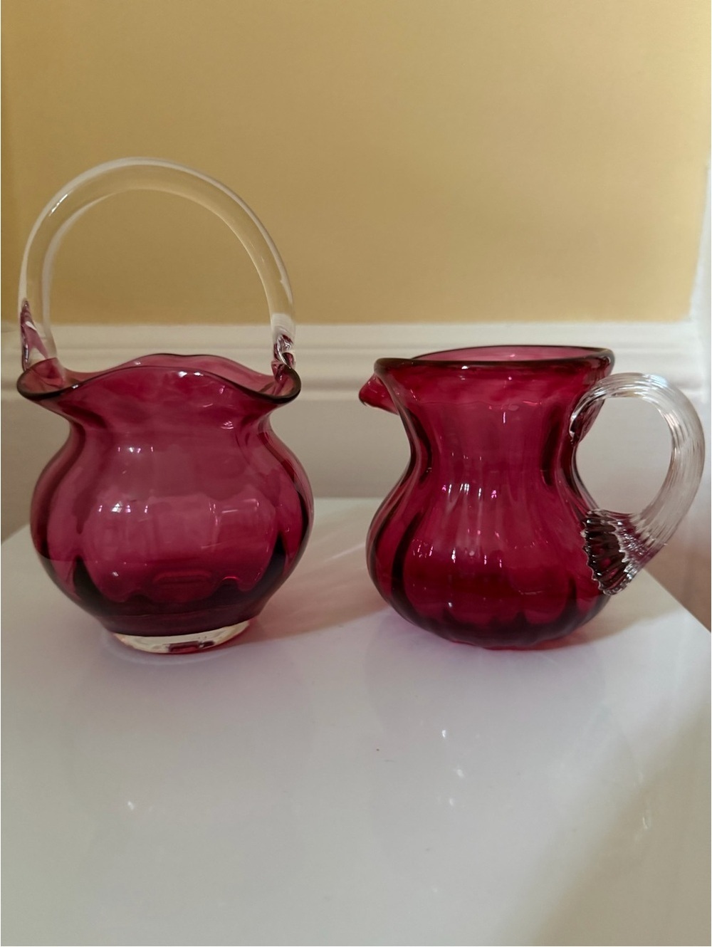Vintage Clear Cranberry glass cream and sugar set - set of 2